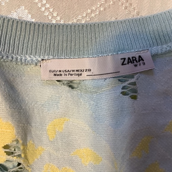 Zara Top Women’s Medium Lace Crop Bell Flare Sleeve Blue Yellow - Picture 3 of 14